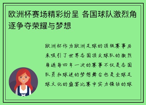 欧洲杯赛场精彩纷呈 各国球队激烈角逐争夺荣耀与梦想